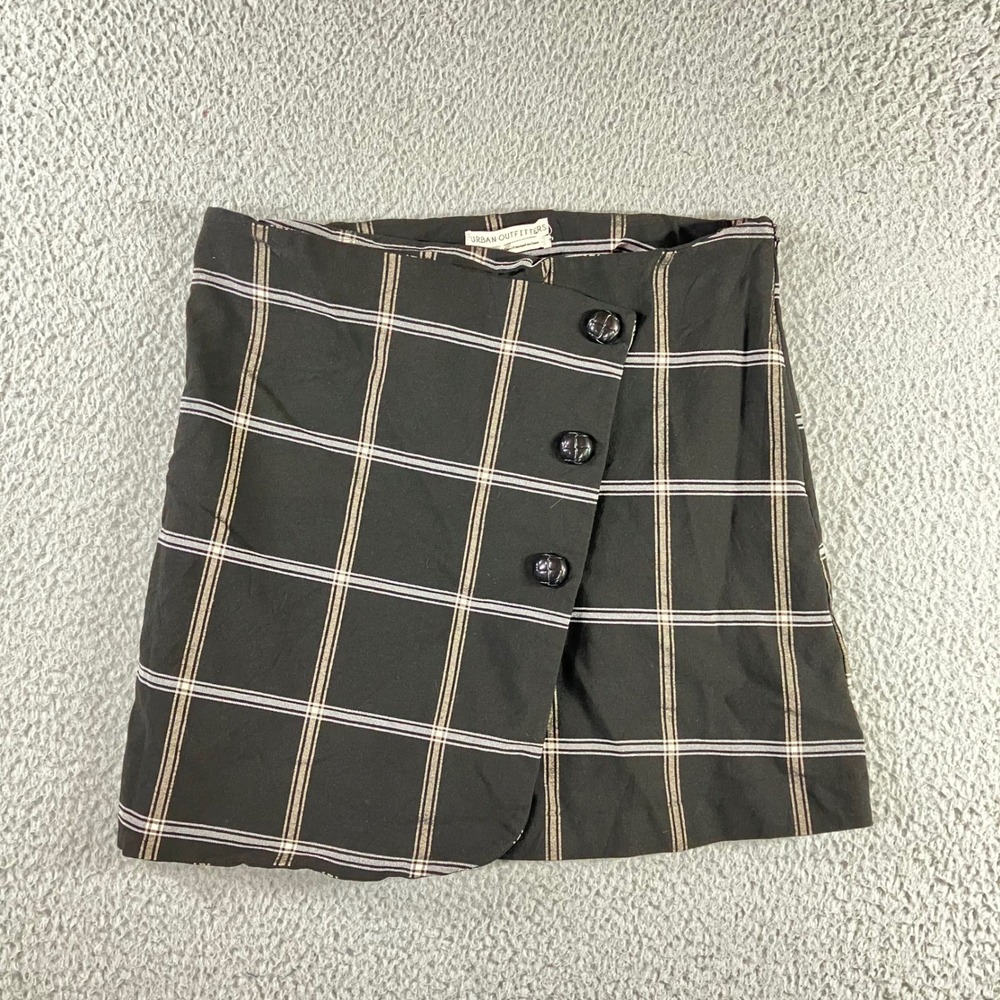 Urban Outfitters Plaid Mini Skirt Women M Black Check Button Wrap 90s Schoolgirl
